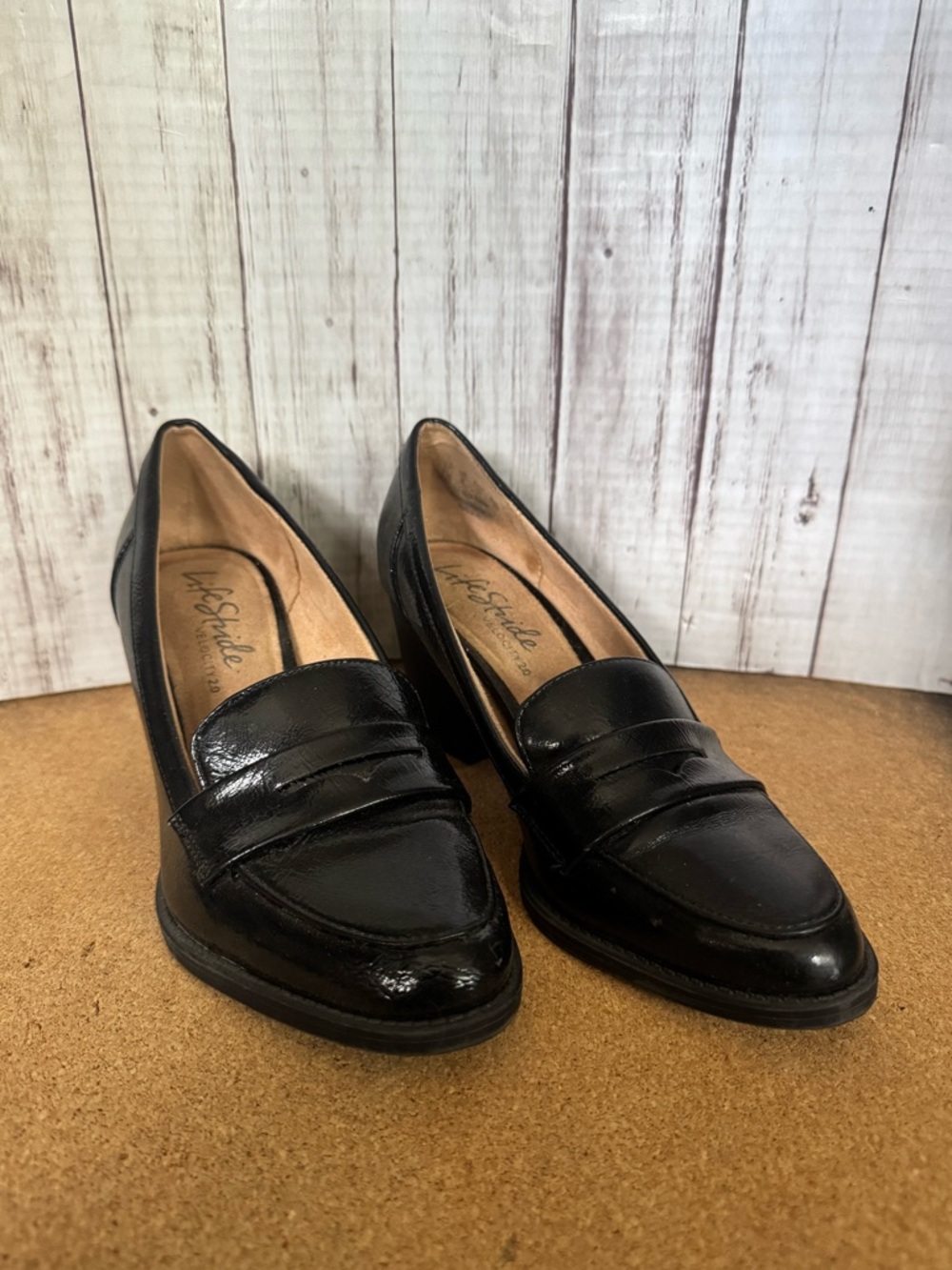 Life Stride Loafers Size 7 Black Patent Blocked Heels